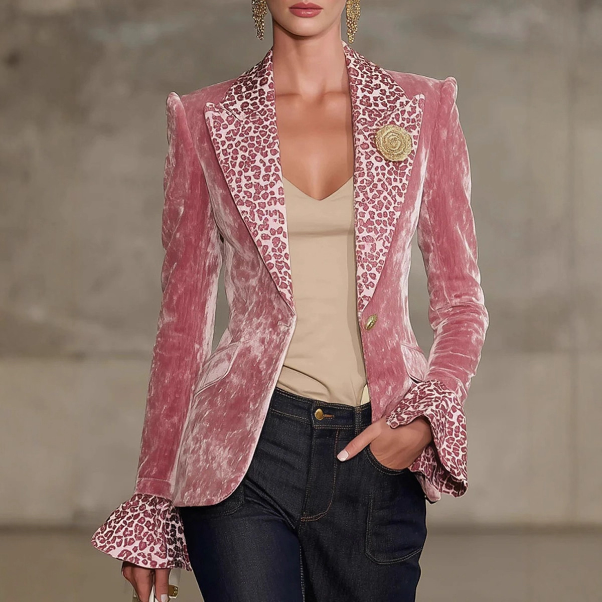 Velvet Blazer Women - Frauen Samt Blazer Leopard Print Revers