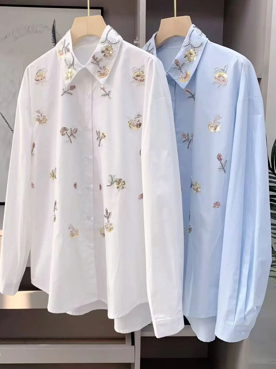 Women'S Fashion Trends 2026 Spring Summer - Luxuriöse Pailletten-Perlen-Stickerei Baumwollblusen für Damen 2026