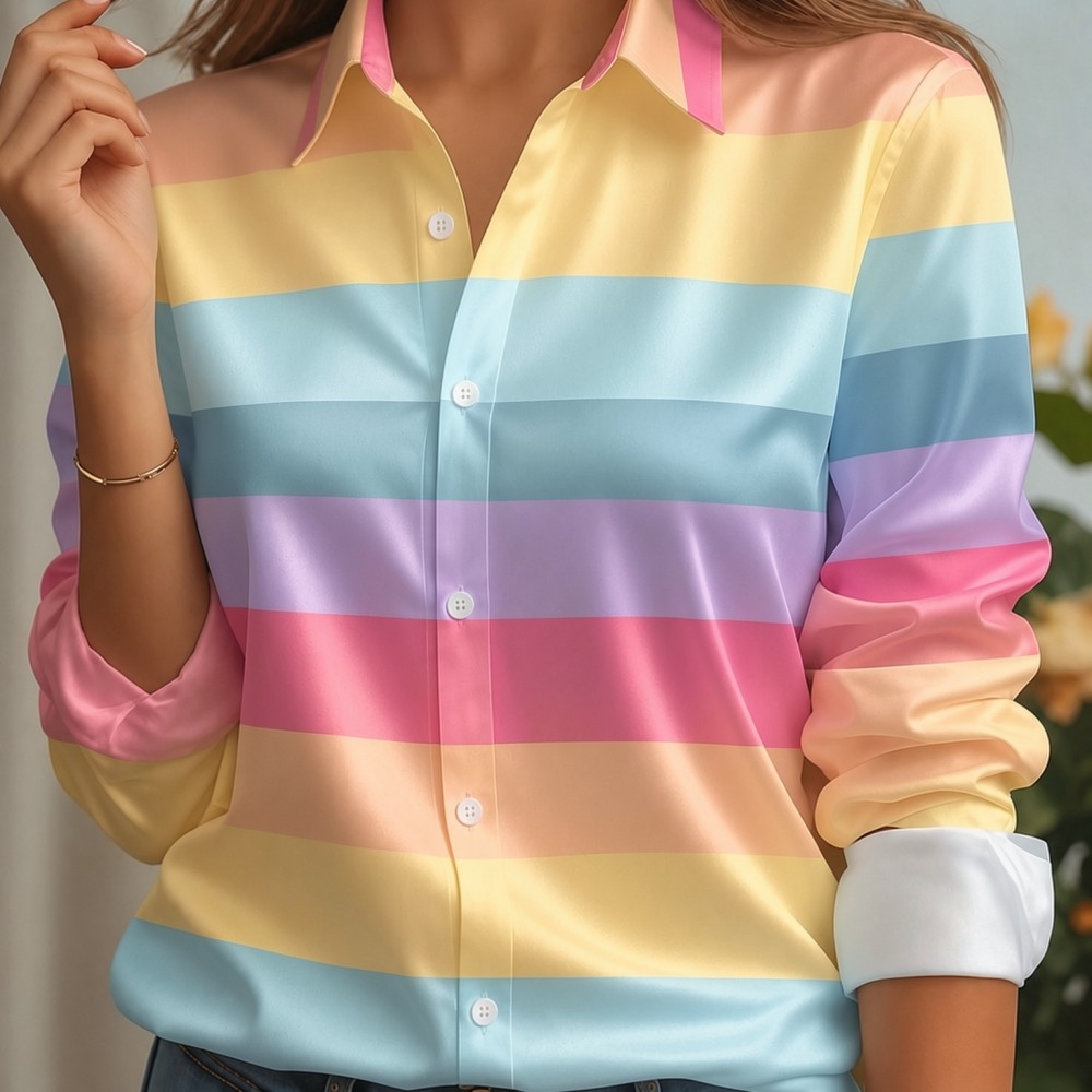 Women'S Fashion Trends - Damen Satin-Hemdbluse mit Reverskragen, Pastellfarbenem Streifenmuster,