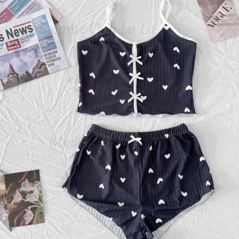 V Neck Cami Top - Sexy Pyjama-Set mit Herz-Print für Damen,