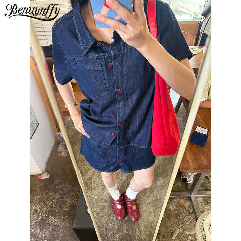 Women Fashion Jeans - Benuynffy Retro Kurzarm-Jeanshemd für Damen, Sommer