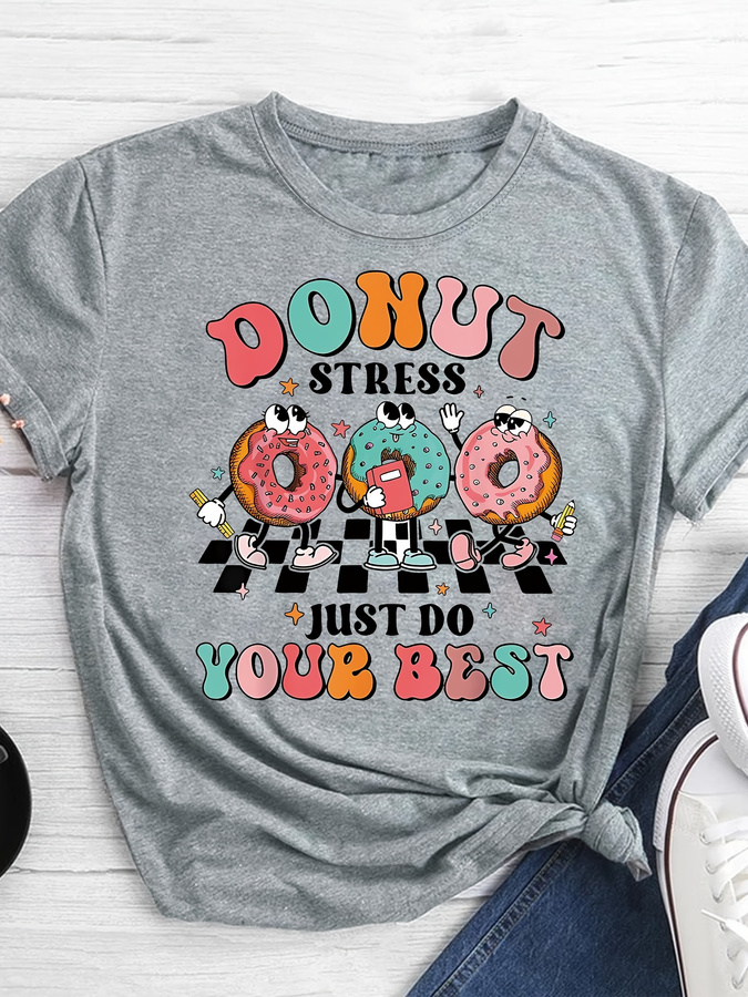 Women'S Fashion Trends 2026 Spring Summer - T-Shirt mit Cartoon-Donut-Print, kurzärmeliges, lässiges Oberteil
