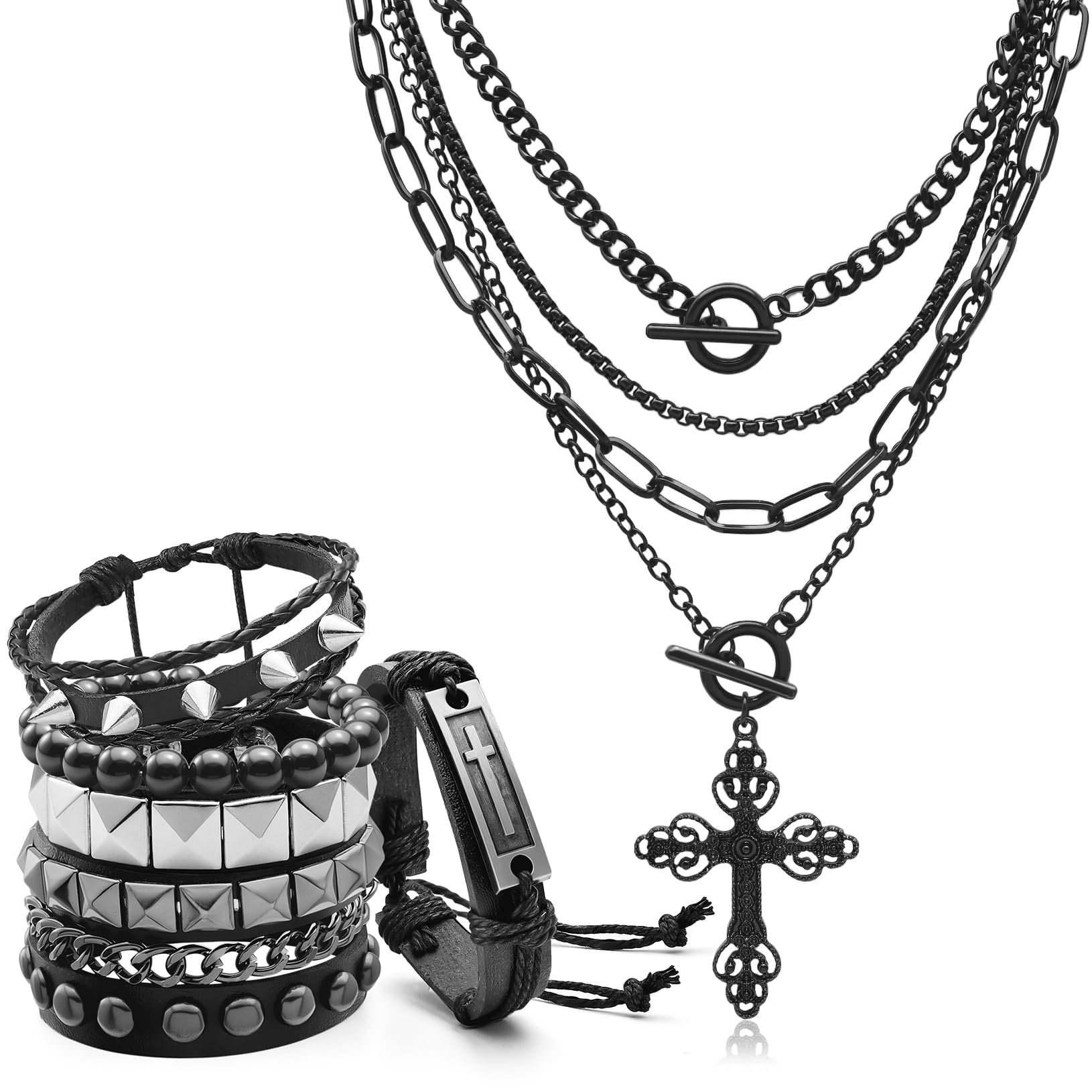 Women Fashion 80S - Gotisches Kreuz-Anhänger Mehrschichtige Halskette Grunge Nieten-Armbänder